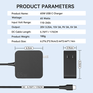 65W USB C máy tính xách tay sạc 5.75ft dài cáp phổ xách tay AC <span class=keywords><strong>Adapter</strong></span> cho Macbook Dell HP Lenovo Asus, với 5.75ft cáp EU - Product Image 3
