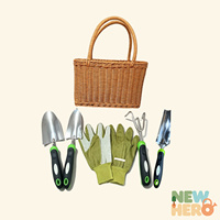 Tuinhandgereedschapset met rieten opbergmand, roestvrijstalen schop, hark, cultivator, werkhandschoenen, set voor buiten tuinieren