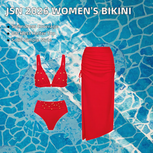 Wholesale Women Red <b>3</b> <b>Piece</b> Swimwear Luxury Studded High Waist <b>Bikini</b> Set with Matching Side Ruching Maxi Skirt Beach Cover Up - Product Image 2