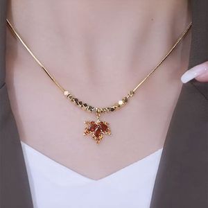 Red Maple Leaf Titanium Steel Necklace Women Crystal Rhinestone Claw Setting Clavicle Chain Everyday Wear - Product Image 1