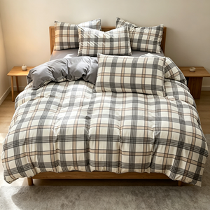 Juego de Ropa de <span class=keywords><strong>Cama</strong></span> de Algodón Lavado con Diseño a Cuadros, Funda de Edredón Suave y Transpirable, Sábana Plana, Funda de Almohada, Suministro Personalizado al por Mayor para Dormitorios Minimalistas - Product Image 1