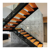 Escalier en bois massif de chêne rouge américain moderne de haute qualité avec garde-corps en verre, design à double poutre pour appartement, usage intérieur, écologique