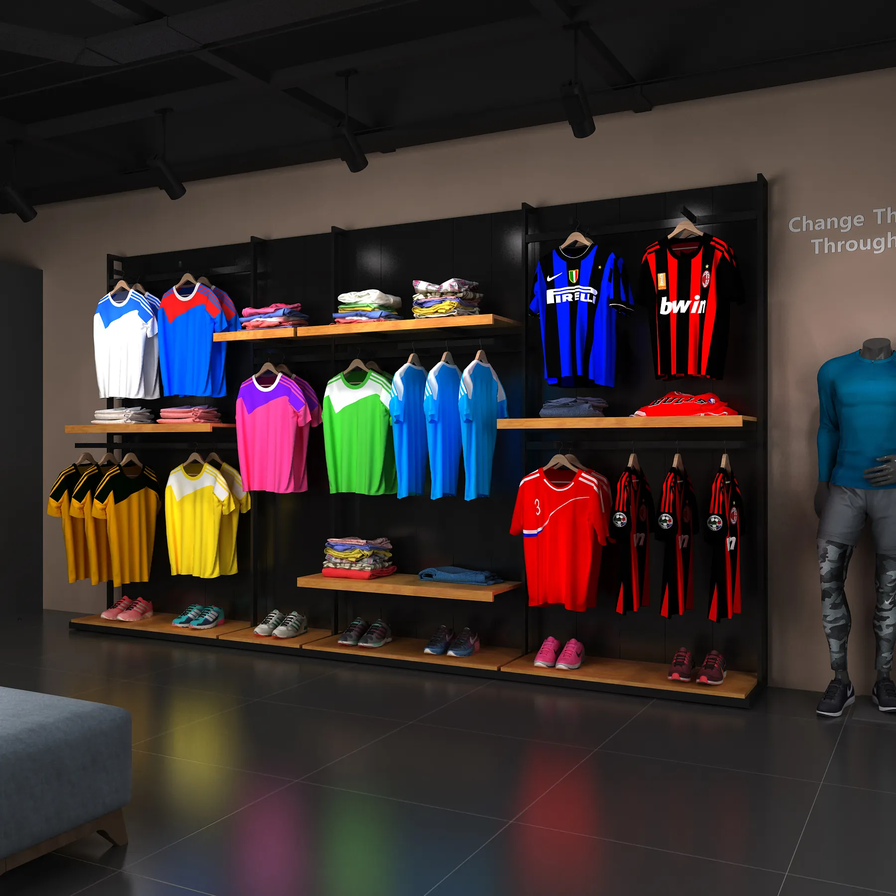 Individueller Sportladen Wandmontage-Rack Möbel Metallkleidung Einzelhandel Laden Einrichtungen Sportbekleidung Laden-Design für Sportbekleidung