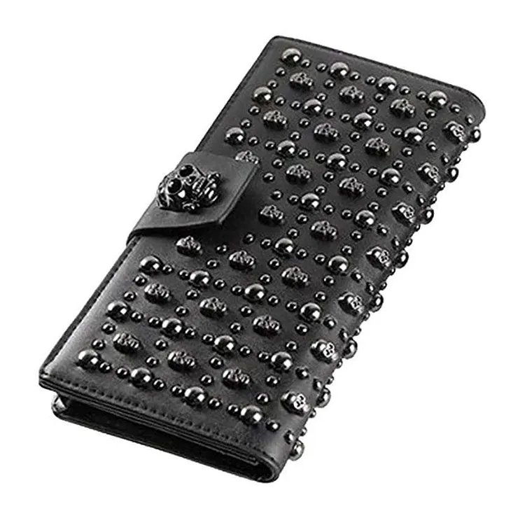 Punk rock clutch hasp rivet coin purse,Black Long Skull Studded Purses PU Leather Card Holder Skull Wallet for women and men