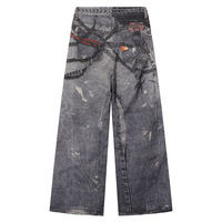 Jeans en denim gris vintage à jambes larges pour femmes, style baggy, effet usé, avec chaînes, streetwear, jeans en denim pour femmes