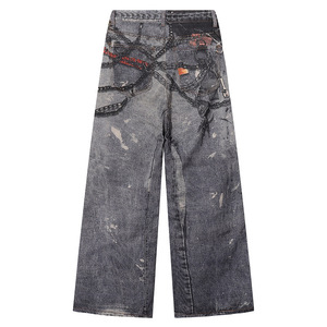 Jeans en denim gris vintage à jambes larges pour femmes, style baggy, effet usé, avec chaînes, streetwear, jeans en denim pour femmes - Product Image 3