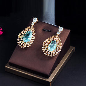 Parlak açık mavi su damlası kırık buzlu Out kübik zirkon Dangle yuvarlak uzun büyük gözyaşı küpe kadınlar için parti balo takı - Product Image 3