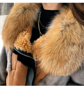 OFTBUY 2021 Cappotto in <span class=keywords><strong>Visone</strong></span> Naturale a Doppia Faccia, Nuova Giacca Invernale da <span class=keywords><strong>Donna</strong></span> con Collo in Vera Pelliccia di Volpe, Capospalla Caldo ed Elegante - Product Image 5