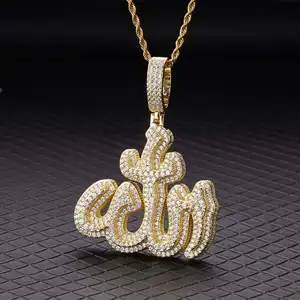 Hiphop Jewelry Religious Style Biggest 18K Gold Plated Muslin Diamond Baguette Cz Big Iced Moissanite 3D Allah Pendant