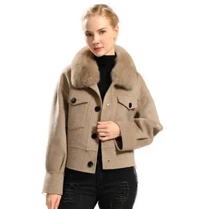 Candy colors women woolen jackets hot sale detachable fox fur collar jackets Spring fashion lady jackets with matching color fur