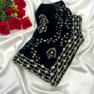 Exquisita Dupatta de Terciopelo Verde Vino para Novia, con Bordado Floral de Zari Dorado, Chal de Boda, Estola Duradera Hecha a Mano para Año Nuevo - Product Image 1