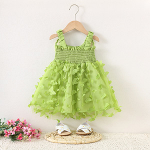 Vestido Infantil de Moda al por Mayor 1635 para Niñas de <span class=keywords><strong>6</strong></span> <span class=keywords><strong>A</strong></span>ños, Estilo Dulce de Verano, Vestido con Tirantes de Malla con Lazo y Parches, Color Sólido - Product Image 2