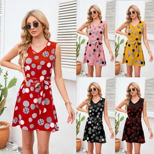 Gaun wanita vintage motif polkadot, Gaun pinggang bercetak polkadot, lintas batas musim panas