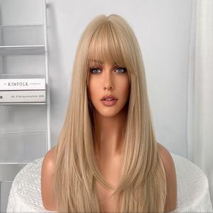 Vente en gros 23 pouces Qi Liu Hai cheveux raides perruque superposée blonde haute chaleur cheveux synthétiques dentelle avant perruques pour les femmes - Product Image 1