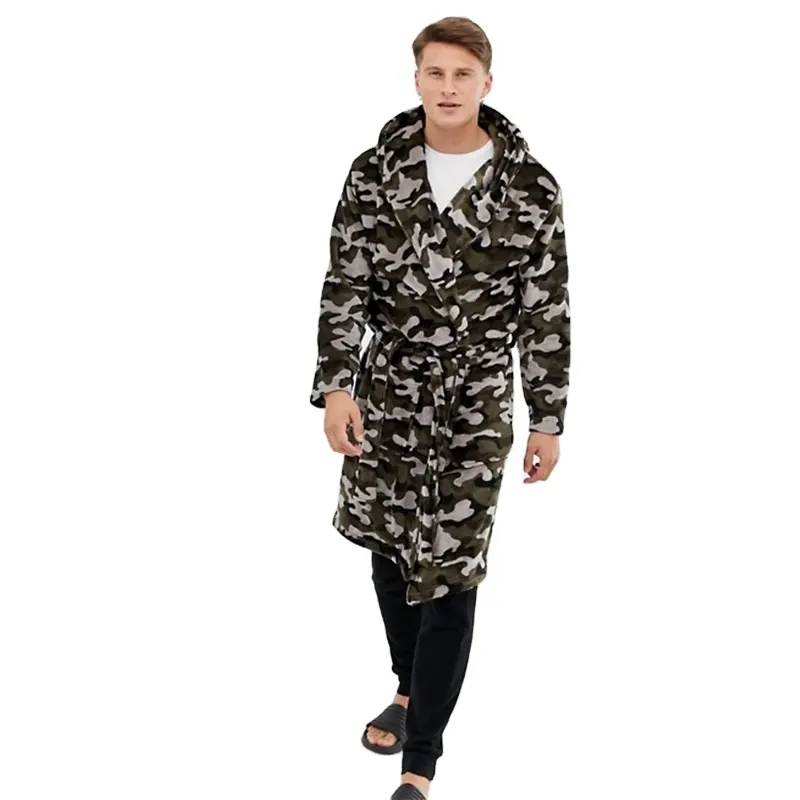 KY men fluffy camo print design flannel men Hooded neck Tie closure night dressing gown bath robes pajamas