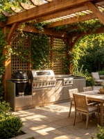 Kabinet Dapur Modular Baja Tahan Karat 304 untuk Luar Ruangan, Pemanggang Kamado Gas BBQ dengan Pembakar Samping dan Wastafel untuk Villa, Teras, dan Taman