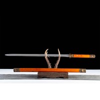 Tang Dao chinois vintage 1065CS fait main, avec garnitures sculptées en bronze antique, fourreau en bois jaune massif, épée décorative