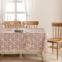 Nappe rectangulaire 100 % coton à imprimé botanique rose et vert floral pour la décoration de salle à manger et de cuisine de style campagnard