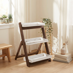 Vintage 3-Tier Luxury Freestanding Pre-Assembled Varnished Display Rack Designer Burnt Brown Wood <b>Shelves</b> for Garment Displays - Product Image 1
