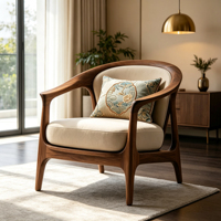 Nouveau fauteuil d'appoint en bois massif de style chinois, avec cadre incurvé et revêtement en tissu, pour villa, hôtel, salon