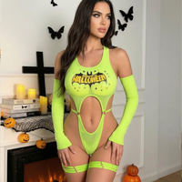 Ensemble de lingerie d'Halloween en gros pour femme, body teddy érotique vert fluorescent à imprimé chauve-souris et lettres, ajouré, avec manches