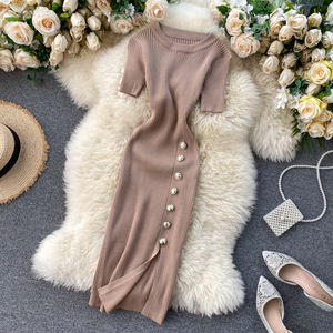 Populaire Robe Femme Dame Élégante Coréenne Couleur Unie Boutonnée Slim Manches Courtes Tricotée Fendue Moulante - Product Image 1