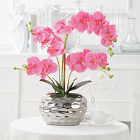 Orchidée Phalaenopsis Artificielle Faite à la Main, Ensemble de Plantes Artificielles en Pot Céramique, Décoration de Salon, Soie au Toucher Réel