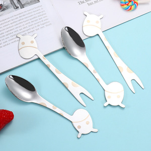 Giraffe Fruit Spoon And Fork Set 304 Stainless Steel Cartoon Animal Shape Food Grade <b>Kids</b> <b>Dining</b> Utensils - Product Image 2