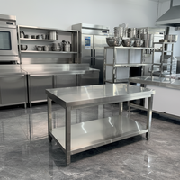Table de travail en acier inoxydable avec plateau en bois de boucher pour cuisine commerciale, restaurant, préparation alimentaire, station de restauration