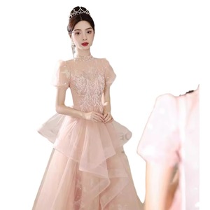 Pink Ball Gown Evening Dress Empire Waist High Neck 3D Stereoscopic Patterns Candy Color For Banquets And Coming Of Age Ceremony - Product Image 5