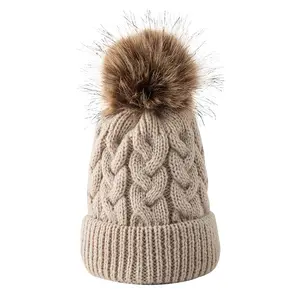 Cappelli invernali per neonati e mamma in lana lavorata a maglia cappello caldo alla moda di lusso cappello da bambino con pelliccia di procione