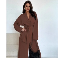 Collection Automne/Hiver 2025 – Ensemble pantalon large et élégant à col en V pour femme, style européen et américain, coupe ample, manches longues, couleur unie