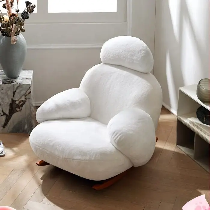 Chaise de terciopelo blanco, sillón reclinable perezoso, salón de ocio, mecedora, 1 asiento, sillón individual, sofá con respaldo alto y reposacabezas