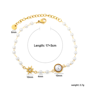 Factory Bulk Supply Waterproof Tarnish Free Stainless Steel Pearl <b>Bead</b> <b>Bracelet</b> Eight-pointed Star Zircon Charm <b>Bracelet</b> - Product Image 5