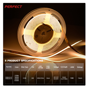 Bande lumineuse LED COB flexible à haute luminosité, DC24V13W/M, couleur unique, IP20, découpable, 528 LED/m, coupe libre, vente en gros d'usine - Product Image 2