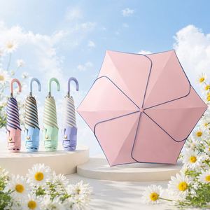 Parapluie de soleil et de pluie haut de gamme UPF50 avec logo personnalisé OEM, revêtement noir, poignée en forme de fleur, 6 baleines, 207g, pour femme, voyage, cadeau pour fille - Product Image 1