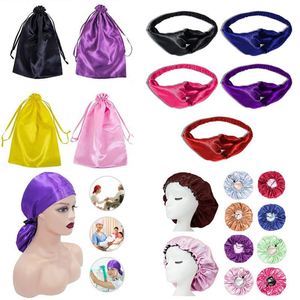 Juego de regalo promocional de fundas de almohada, gorros para el cabello, bolsas de satén y bandas elásticas de colores sólidos personalizados de marca privada al por mayor - Product Image 1
