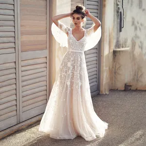 Party White Lace V-neck Wedding Dress Ruffle Sleeve Backless Women's Clothing Back Zipper Long Evening Dresses Elegant