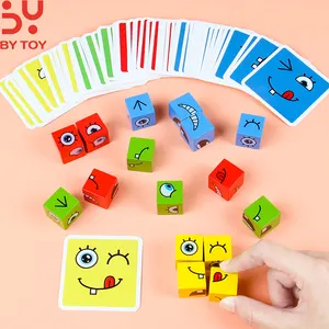 2023 Hot Baby Face Changing Magic Puzzle Cube Game Children Emotional Expression Wooden Building Block Educational Toy