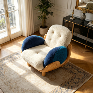 Sillón de Estilo Nórdico con Tapizado de Tela Tipo Peluche y Estructura de Madera Maciza, Sillón Acolchado con Brazos Tapizados para Sala de Estar o Dormitorio - Product Image 1