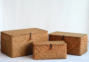Прямоугольные корзины для хранения из ротанга ручной работы, морские водоросли ручной работы, подарочные корзины для хранения с крышкой и вкладышем для шкафа, оптом