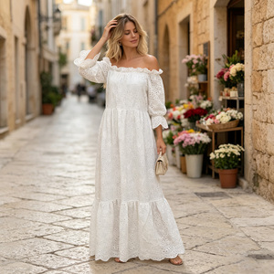 Off Shoulder Eyelet Embroidery Casual Dress Empire Waist Ruffle Hem Loose Summer Maxi Dress - Product Image 1
