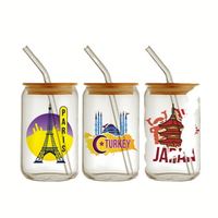 Venta al por mayor de pegatinas personalizadas UVDTF para logotipos, para tazas de café de 16oz, 20oz, 24oz, con transferencia lavable en envolturas de vidrio UV con diseños de dibujos animados para vasos.