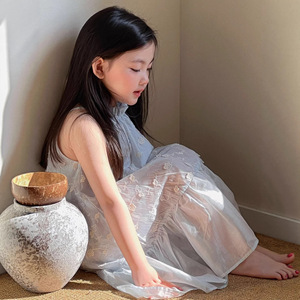 Abito Lungo Estivo da <span class=keywords><strong>Ragazza</strong></span> Bianco in Jacquard con Spalline Sottili Stile Francese - Product Image 4