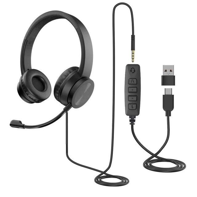 In Stock Wired Over-Ear Headset USB Microphone Education Customer Service Online Class Stereo PVC/PU Leather