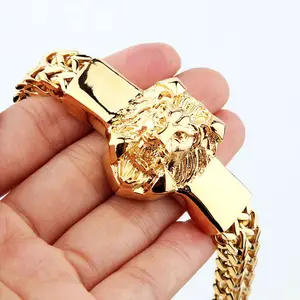 The Hottest Double Chain Lion Head 18k Gold Stainless Steel heavy Chunky franco chain Cuban Link Bracelet