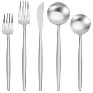 Ensemble de couverts en bois argenté mat de luxe moderne, manche fin, service de couverts, 4 pièces, finition satinée minimaliste, mariage - Product Image 1