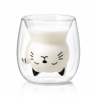 Tasse à café ou à thé en verre à double paroi avec poignée, motif chat mignon, cadeau créatif fait à la main, 200 ml