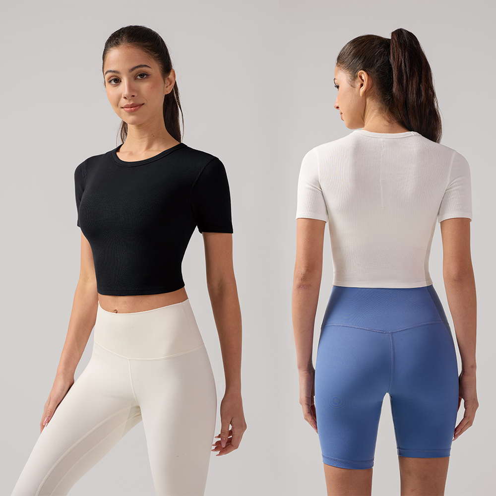 Women's Summer Crew Neck Short Sleeve T Shirt Cropped Slim Fit Slimming Ribbed Yoga Top Breathable Quick Dry Sports Top