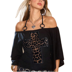 Camiseta de punto vintage de otoño con estampado de leopardo, hombros comprimidos, manga murciélago, cuello halter con cuentas, top informal de moda urbana para mujer - Product Image 1